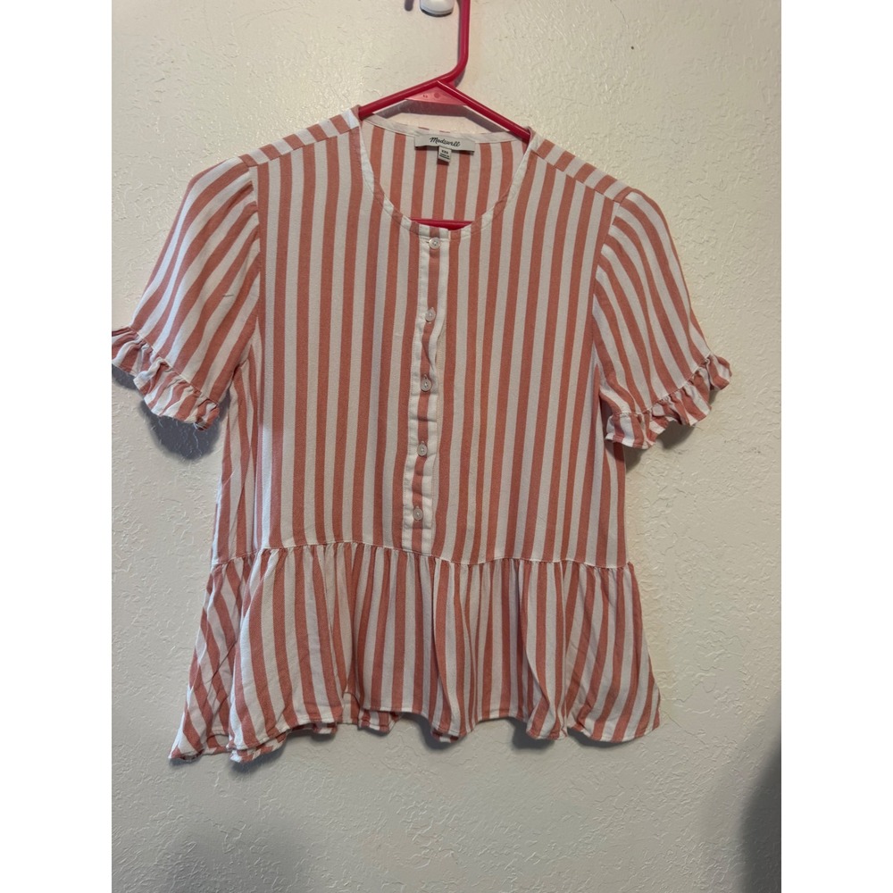 Madewell Coral Orange White Striped Peplum Button Front Ruffle Sleeve Top XXS